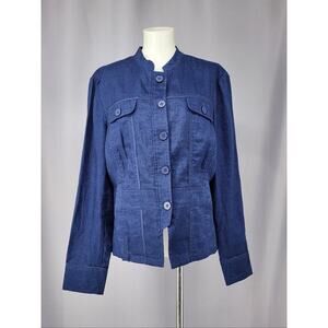 Coldwater Creek Jacket Womens 16 Blue Linen Button Front Utility Blazer